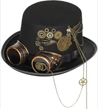Steampunk Skrybėlę, Akinius Derliaus Vyrams Black Top Hat Gotikos Helovinas Moterų Fedora Grandines Elegantišką Skrybėlę Galvos Dėvėti Kostiumas Šalis Skrybėlę