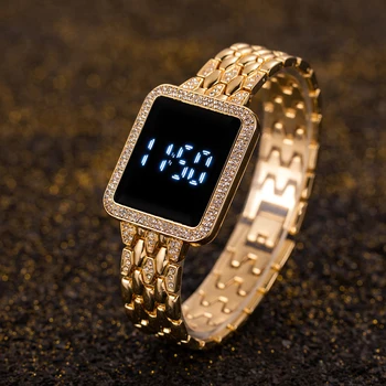 Prabangus Aukso Žiūrėti Moterų Laikrodžiai Aikštėje Nerūdijančio Plieno Moterų Apyrankės Kūrybos LED Skaitmeninis Laikrodis atsparus Vandeniui Relogio Feminino