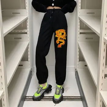 Harajuku Elastinga Juosmens Kawaii Dragon Spausdinti Mados Rudens-Žiemos Atsitiktinis Vilnos Moterų Derliaus Kelnių Kišenėje Moterų 2021 Streetwear