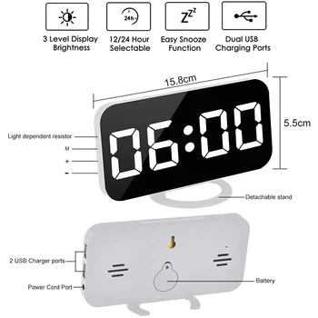 Skaitmeninis Laikrodis LED Veidrodis Elektroniniai Laikrodžiai su Touch Atidėti Dual USB Įkrovimo Stalo, Sienos Šiuolaikinės Laikrodžiai Namų Miegamasis