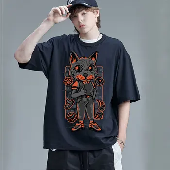 Japonų Stiliaus Katė Anime Samurai Aukštos Kokybės Medvilnės Marškinėliai Vasaros Cool Spausdinti Marškinėliai Street Juokinga Trumpas Rankovės Viršuje Roko bs536