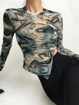 Hirigin Gotikos Paisley Spausdinti Akių Vien Padalinta T-marškinėliai Moterims ilgomis Rankovėmis Slim Fit Viršūnes Y2K Estetinės Streetwear 90-ųjų Derliaus Tees