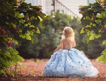 Prabanga žydros spalvos Gėlių mergaičių Suknelės Kamuolys Suknelė 3D Gėlių Gražių Merginų, Konkurso Suknelė Pirmojo Gimtadienio Suknelė Mergaitėms