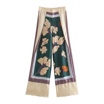 Naujas ZA Moterų Derliaus spausdinti šilko kimono ryšius wrap palaidinė Prašmatnus Kailis aukšto juosmens šilko kelnės Ponios priekiniai mygtuką plataus kojų Kelnės