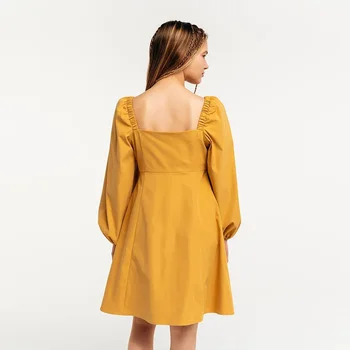 Moterų Derliaus Kietas Prarasti linija Aikštėje Apykaklės Geltona Žibinto Rankovėmis Chic Mini Suknelė 2021 M. Rudenį Naujų Girly Mados Elegancija