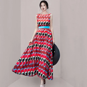 2021 Elegantiškas Korėjos Vasaros Ilga Suknelė Mados Moterų, O Kaklo, Rankovių Geometrinis Spausdinti Šifono Bakas Atostogų Maxi Suknelė Su Diržu