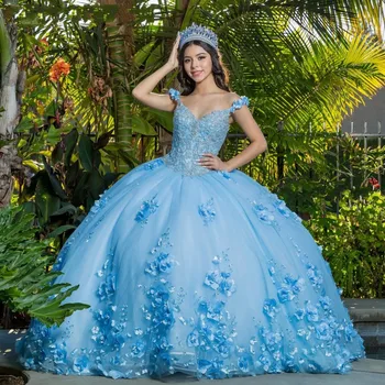 Dangus Mėlynas Quinceanera Suknelės Saldus 16 Kamuolys Suknelė Princesė Šalis nuo Peties Appliques 3D Gėlės Vestidos De 15 Años