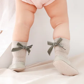 Rudenį Baby Kūdikių Kojinės Grindų Kojinės Bamblys Didelis Bowkot Kelio Aukštos Kojinės Korėjos Šukuotos Medvilnės Neslidus Pirmą Vaikštynės Kietas