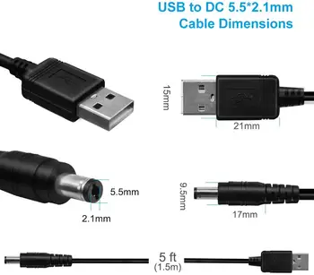 USB 2.0 A Male į DC 5.5x2.1mm 5 Voltų 24AWG DC Jungtis baterijos Barelį Lizdas Maitinimo Kabelis Juoda KONCENTRATORIAUS, Maršrutizatoriaus, Šakotuvo, LED Žibintai