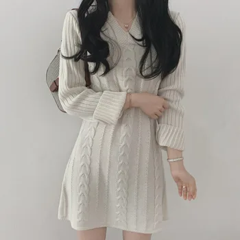 Žiemos Moteris 2021 Naujas Kieto Apricoy Suknelės Korėjos Atsitiktinis Elegantiškas Storas Megztinis Suknelė Moterų Megzti Šiltas Trikotažas Vestido Mini