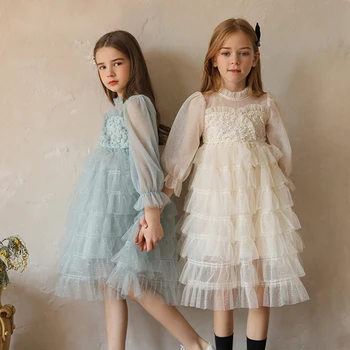 Pavasarį, Rudenį Tiulio Princesė Suknelės Mergaitėms Gėlių ilgomis Rankovėmis Birthday Party Dress Vestuves Elegantiška Suknelė Vaikai Kostiumas