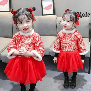 Naujagimio Mergina Drabužius 2021 Vaikus Mergina Dress Mergaitė Žiemos Kinų Stiliaus Ilgomis Rankovėmis Cheongsam Sujungimas Tiulio Princesė Suknelė
